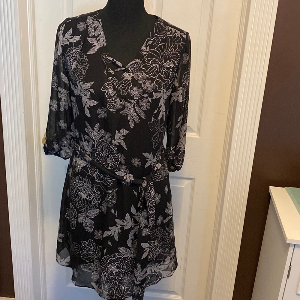 IZ Buyer Womens Dress sz M Black with White Floral Print